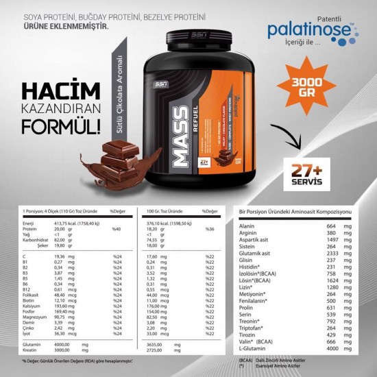 SSN Refuel Mass Gainer Karbonhidrat Tozu 3000 gr Sütlü Çikolatalı